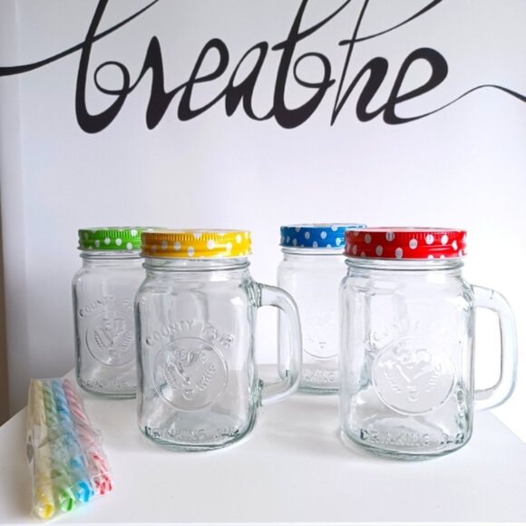 Set of 4 Mason Jar Glasses | Handles + Colored Metal Lids + Reusable Straws - Picture 2 of 5